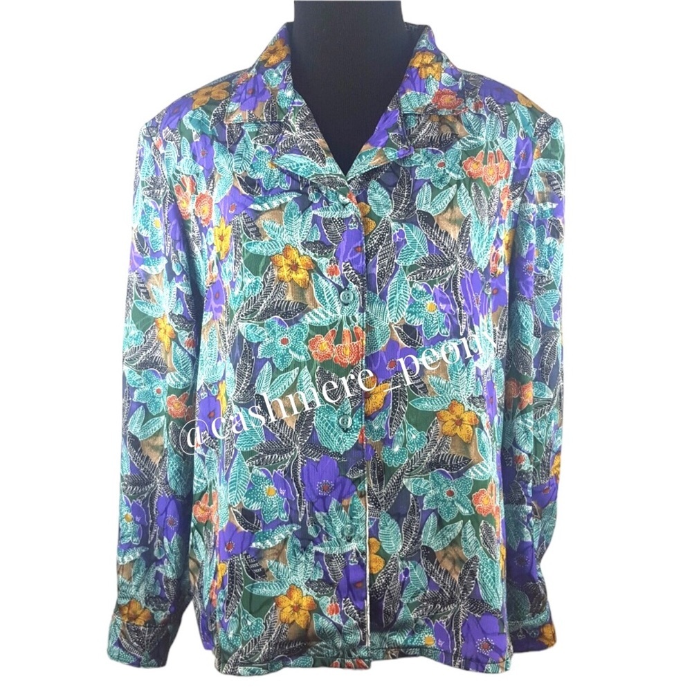 Vintage Tropical Botanical Shirt Blouse Petite Medium